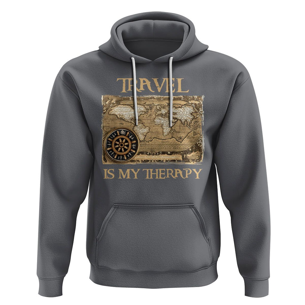 Travel Is My Therapy Hoodie Vintage World Map Traveling TS09 Charcoal Printyourwear