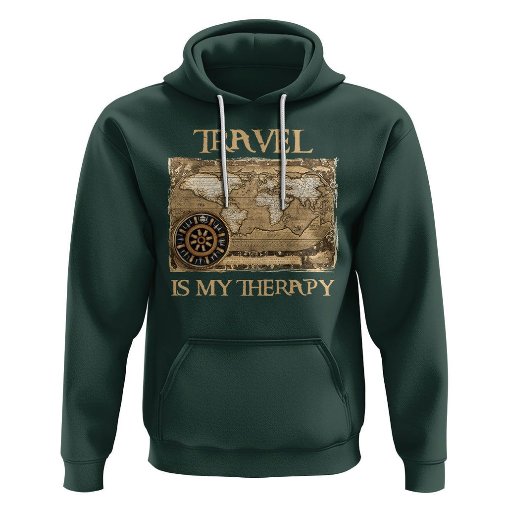 Travel Is My Therapy Hoodie Vintage World Map Traveling TS09 Dark Forest Green Printyourwear