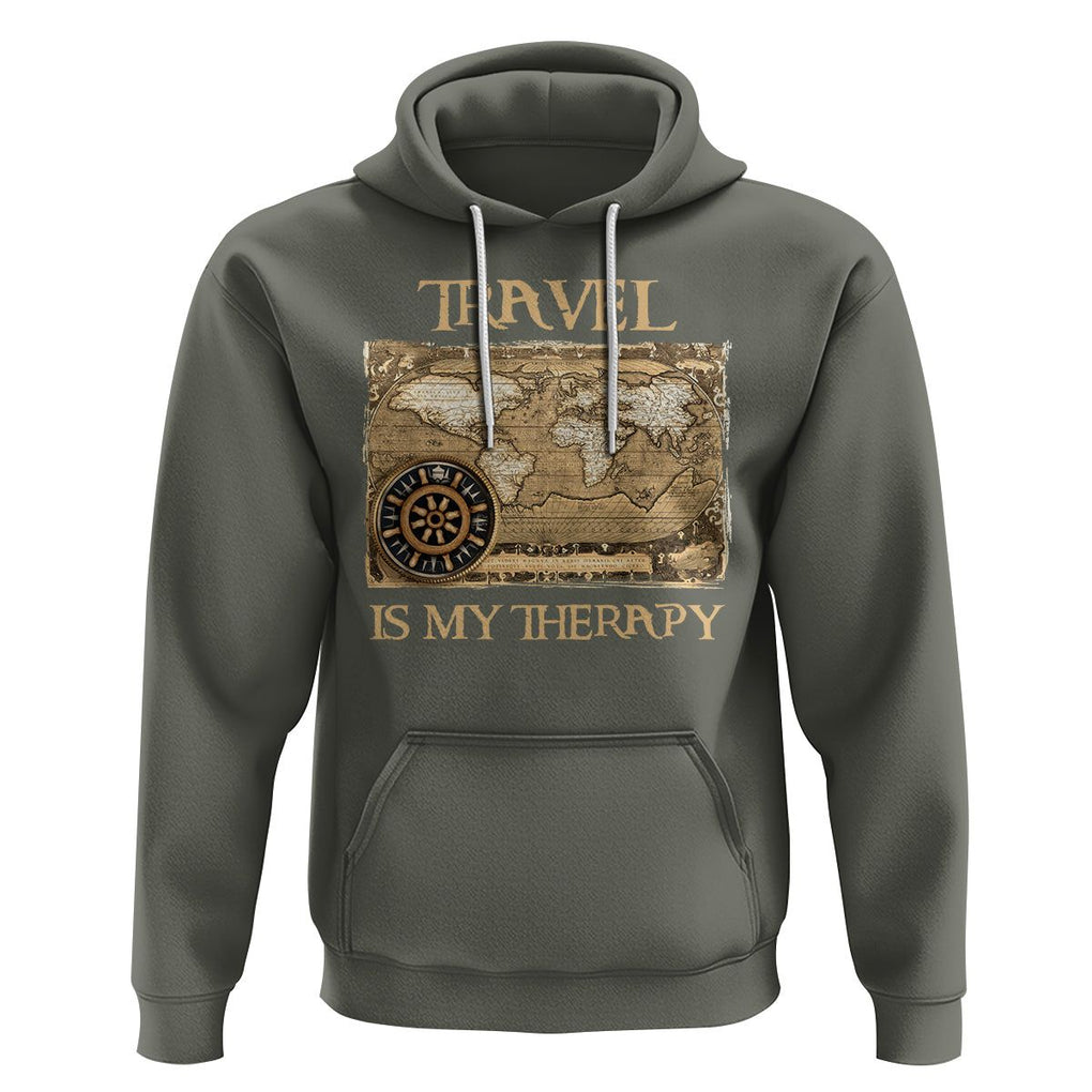 Travel Is My Therapy Hoodie Vintage World Map Traveling TS09 Military Green Printyourwear