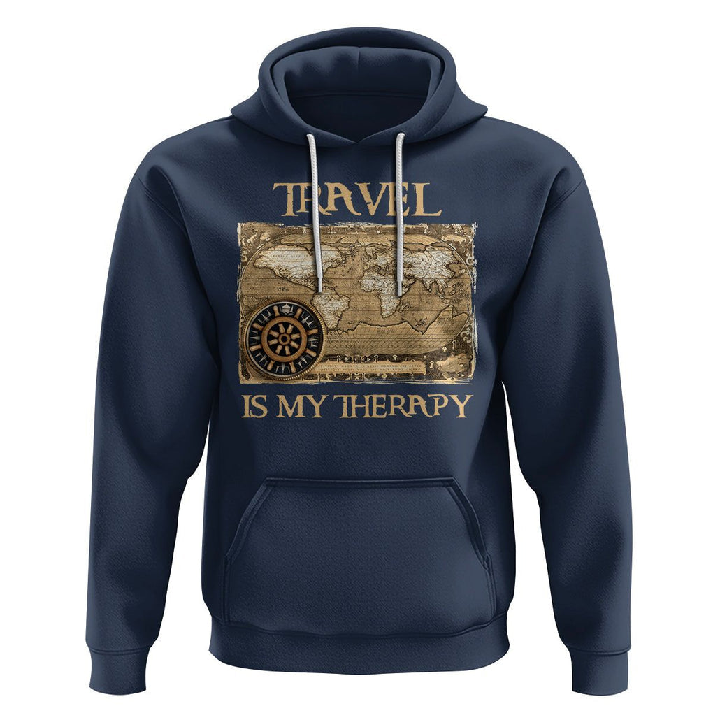 Travel Is My Therapy Hoodie Vintage World Map Traveling TS09 Navy Printyourwear
