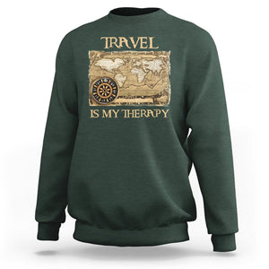 Travel Is My Therapy Sweatshirt Vintage World Map Traveling TS09 Dark Forest Green Printyourwear