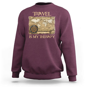 Travel Is My Therapy Sweatshirt Vintage World Map Traveling TS09 Maroon Printyourwear