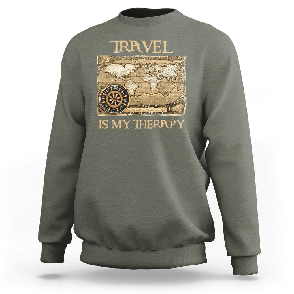 Travel Is My Therapy Sweatshirt Vintage World Map Traveling TS09 Military Green Printyourwear