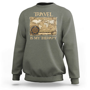 Travel Is My Therapy Sweatshirt Vintage World Map Traveling TS09 Military Green Printyourwear