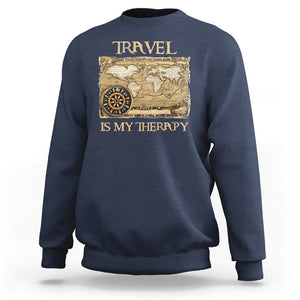 Travel Is My Therapy Sweatshirt Vintage World Map Traveling TS09 Navy Printyourwear
