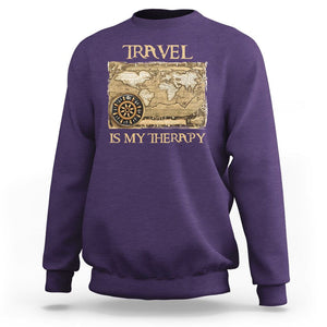 Travel Is My Therapy Sweatshirt Vintage World Map Traveling TS09 Purple Printyourwear