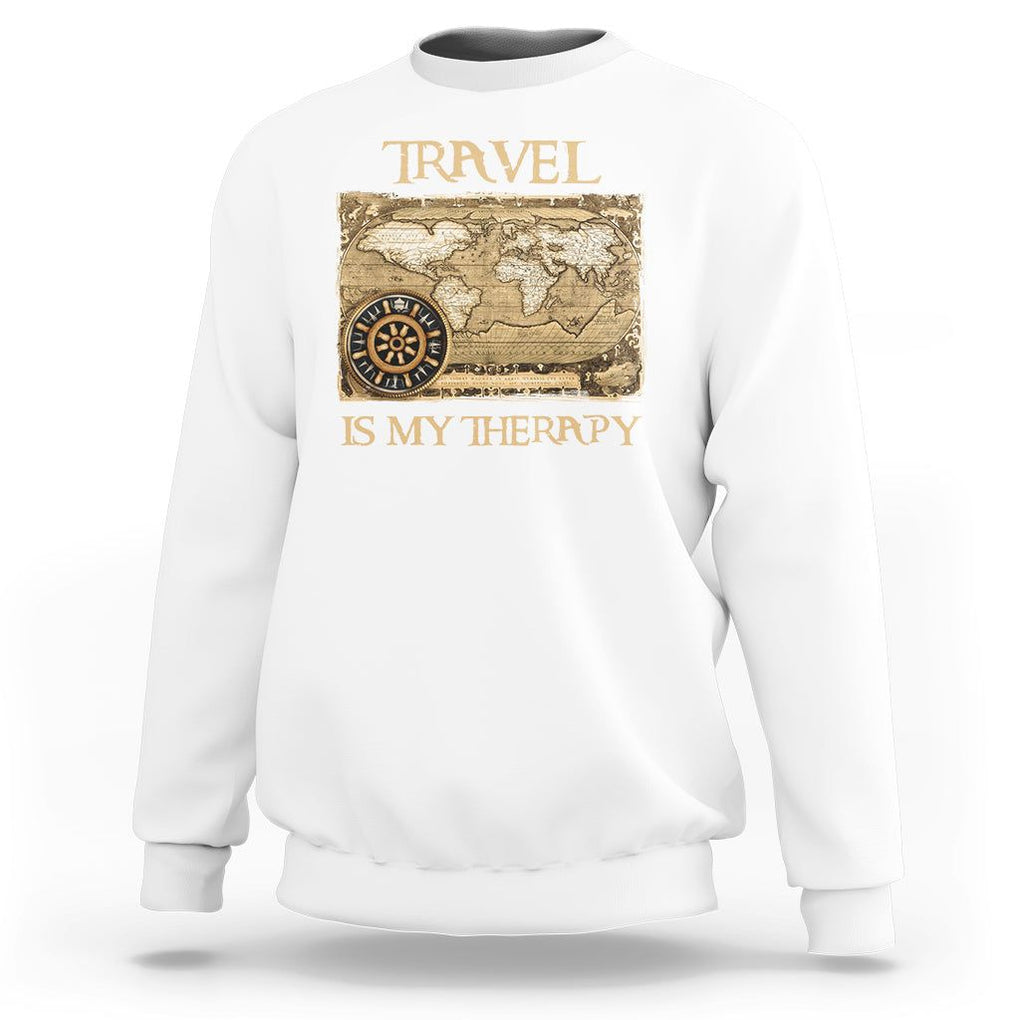Travel Is My Therapy Sweatshirt Vintage World Map Traveling TS09 White Printyourwear
