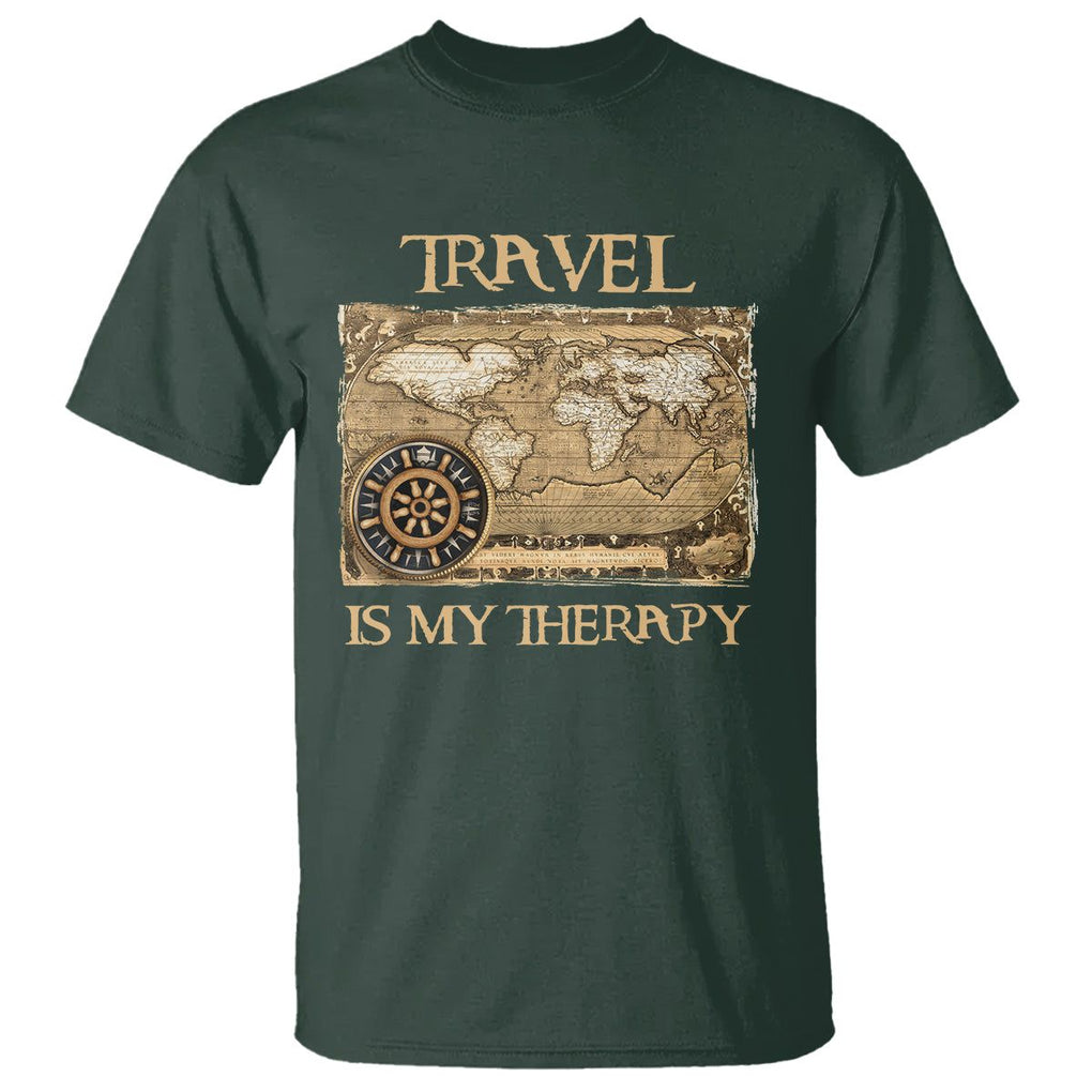 Travel Is My Therapy T Shirt Vintage World Map Traveling TS09 Dark Forest Green Printyourwear