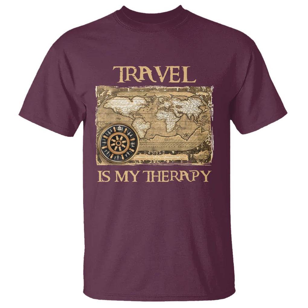 Travel Is My Therapy T Shirt Vintage World Map Traveling TS09 Maroon Printyourwear