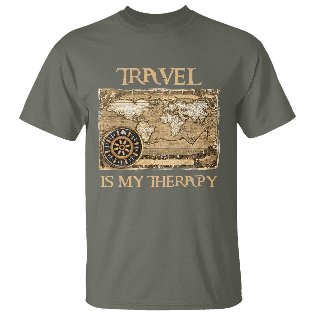 Travel Is My Therapy T Shirt Vintage World Map Traveling TS09 Military Green Printyourwear