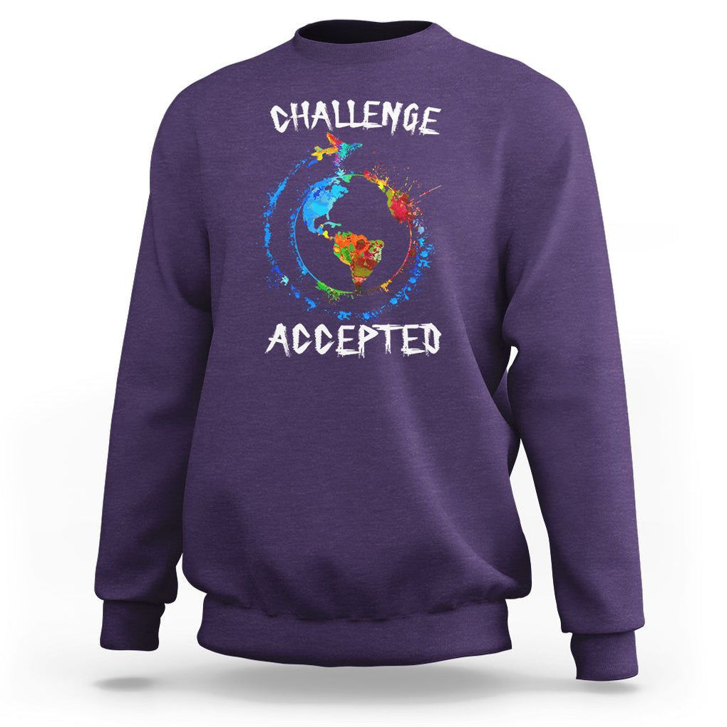 Travel Lover Sweatshirt Challenge Accepted World Map Traveling TS09 Purple Printyourwear