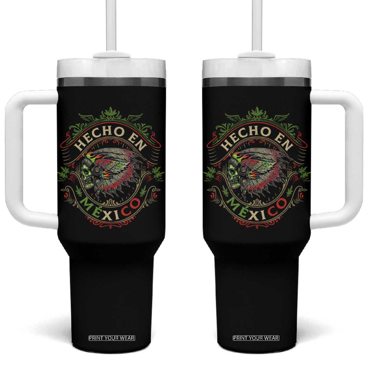 Hecho En Mexico Tumbler With Handle Aztec Skull Made In Mexico Mexican TS09 One Size: 40 oz Black Print Your Wear