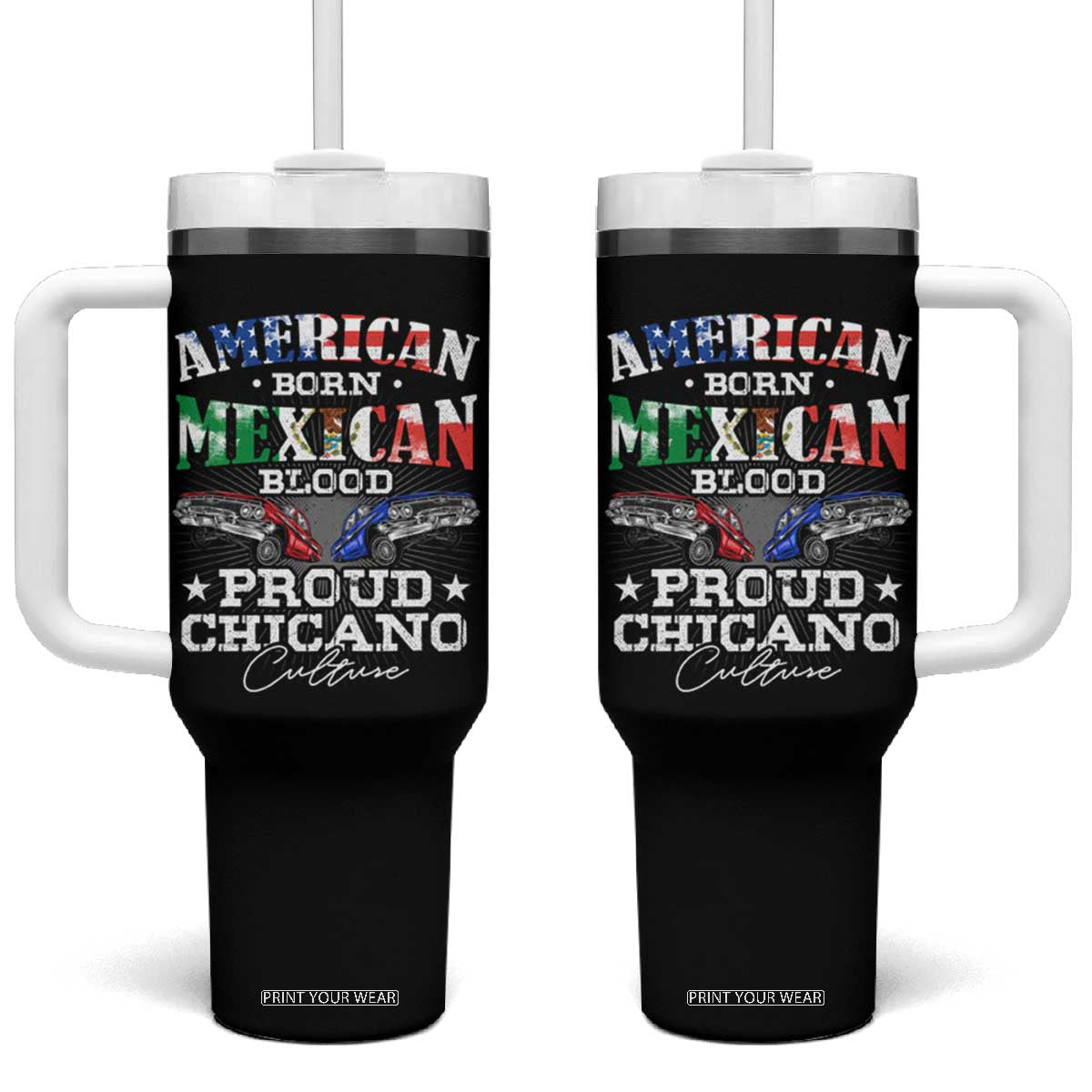 American Born Mexican Blood Proud Chicano Culture Lowrider Tumbler With Handle TS09 One Size: 40 oz Black Print Your Wear