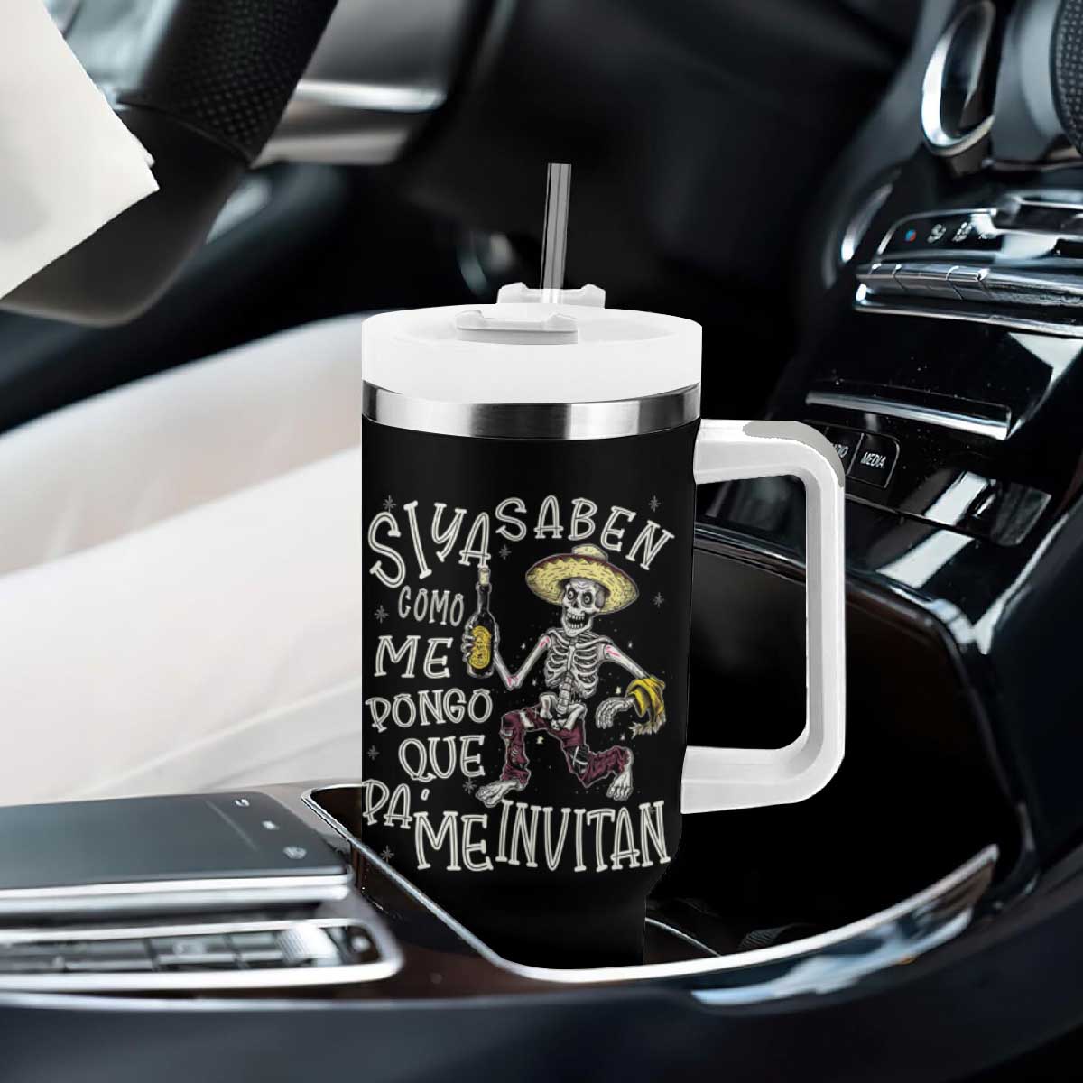 Funny Mexican Drinking Tumbler With Handle Si ya saben como me pongo pa' que me invitan Drunk Skeleton TS09 Print Your Wear