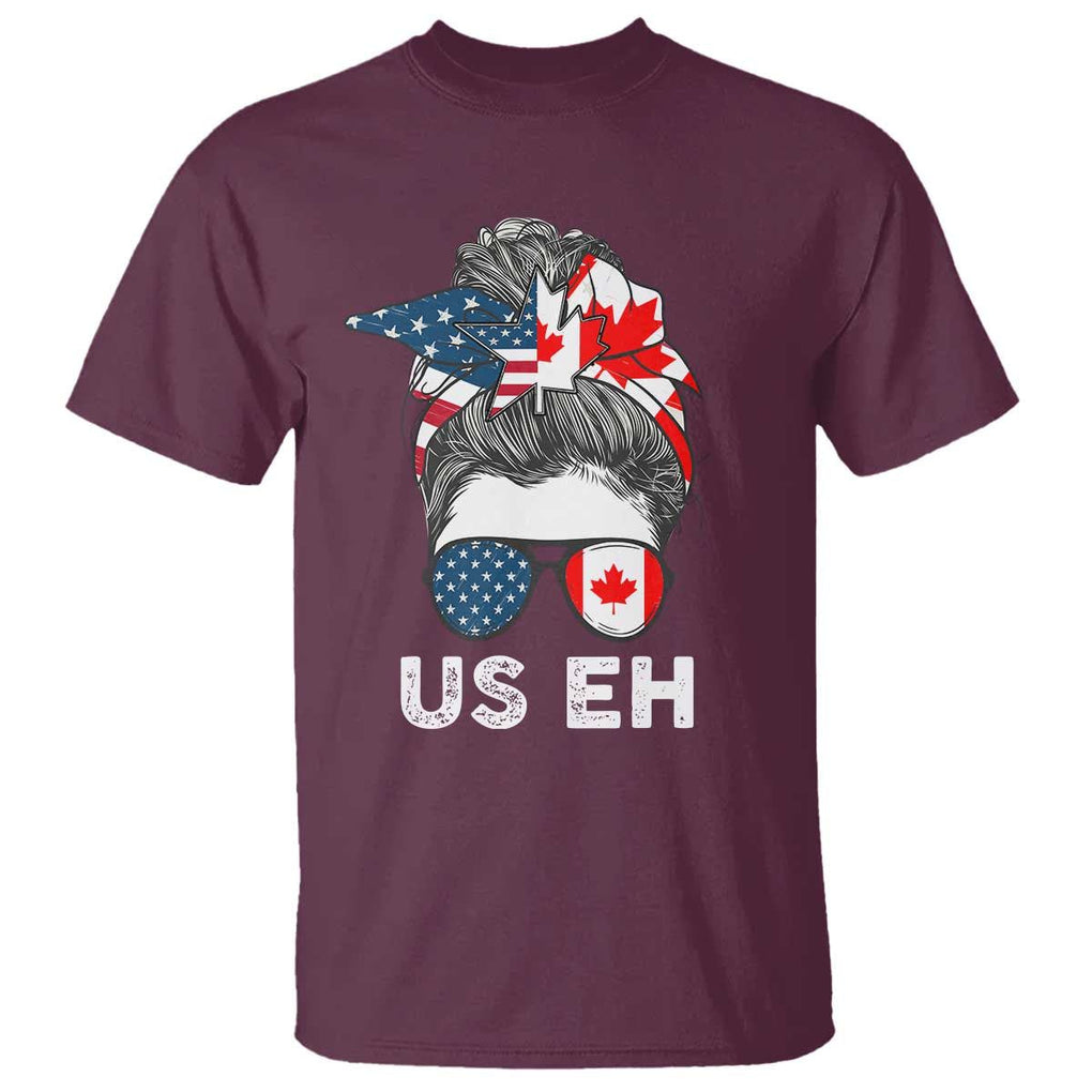 American Canadian T Shirt US EH Messy Bun USA Canada Flag TS09 Maroon Print Your Wear