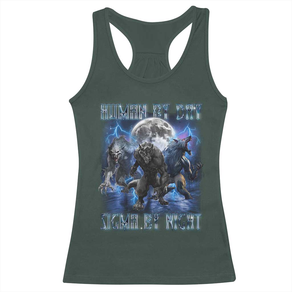 Alpha Wolf Racerback Tank Top Human By Day Sigma By Night TS09 Dark Forest Green Print Your Wear