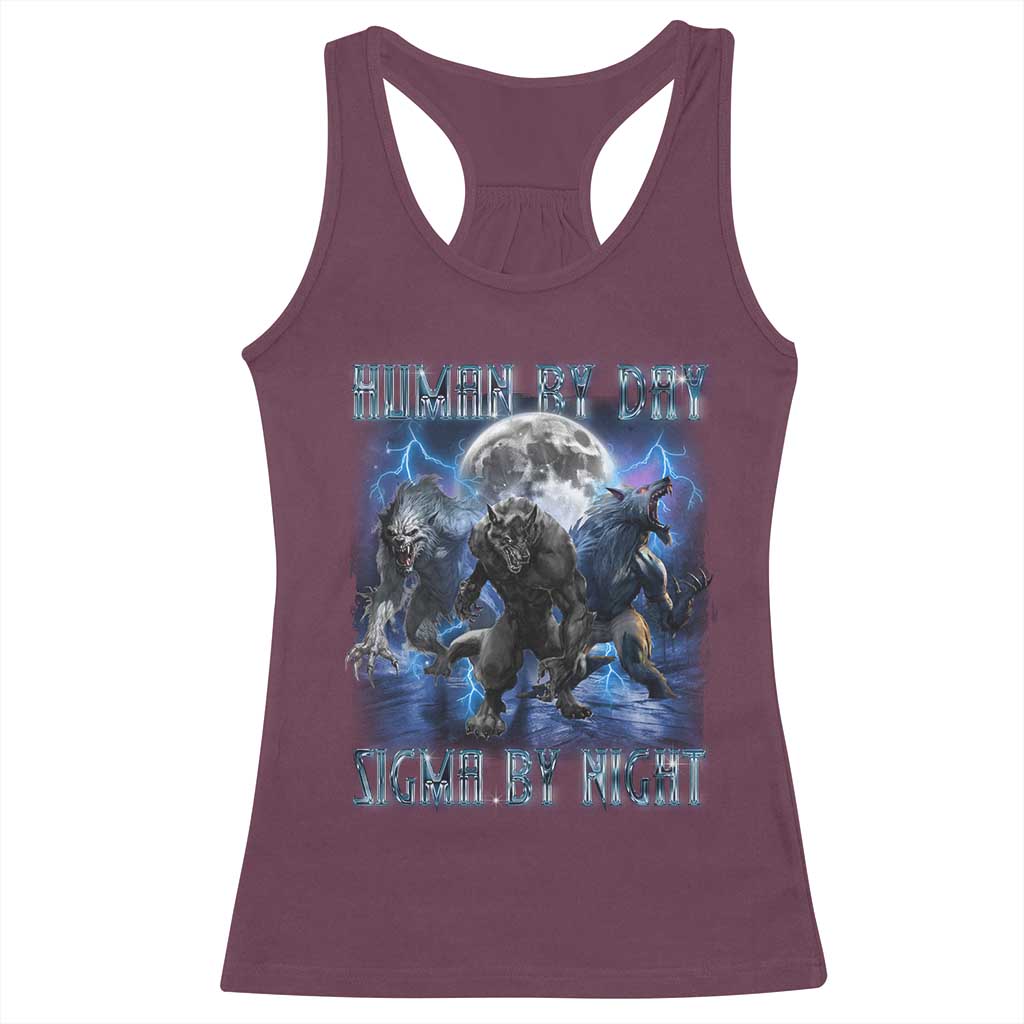 Alpha Wolf Racerback Tank Top Human By Day Sigma By Night TS09 Maroon Print Your Wear