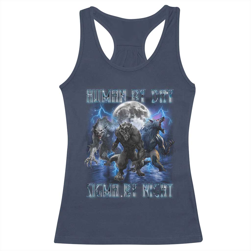 Alpha Wolf Racerback Tank Top Human By Day Sigma By Night TS09 Navy Print Your Wear