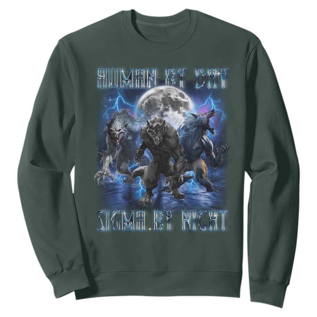 Alpha Wolf Sweatshirt Human By Day Sigma By Night TS09 Dark Forest Green Print Your Wear