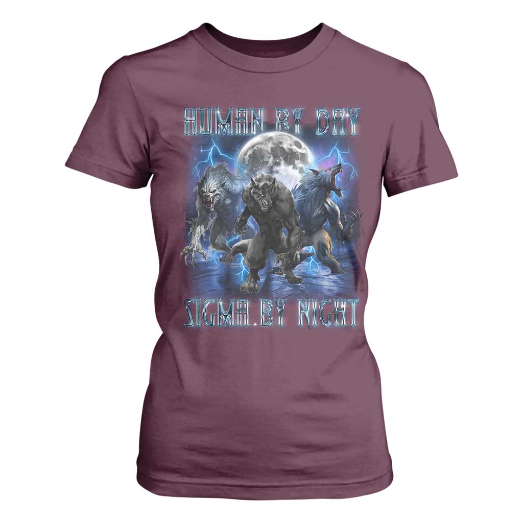 Alpha Wolf T Shirt For Women Human By Day Sigma By Night TS09 Maroon Print Your Wear