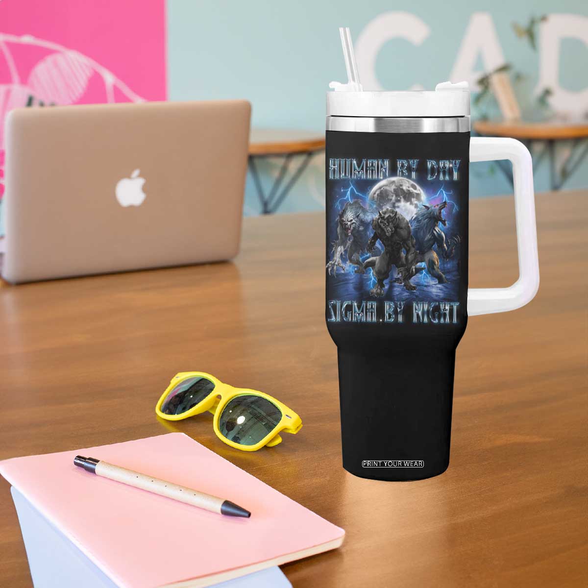 Alpha Wolf Tumbler With Handle Human By Day Sigma By Night TS09 Print Your Wear
