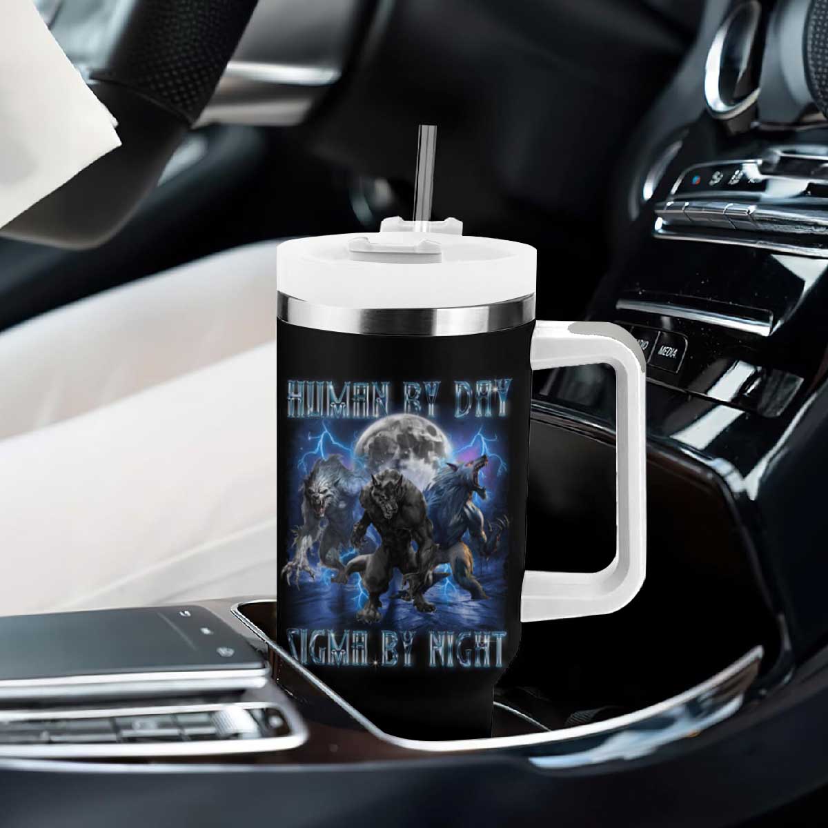Alpha Wolf Tumbler With Handle Human By Day Sigma By Night TS09 Print Your Wear