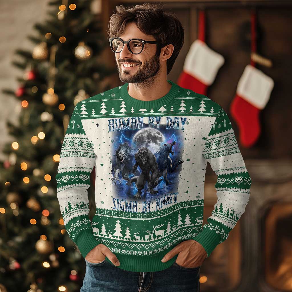 Alpha Wolf Ugly Christmas Sweater Human By Day Sigma By Night TS09 Green Print Your Wear