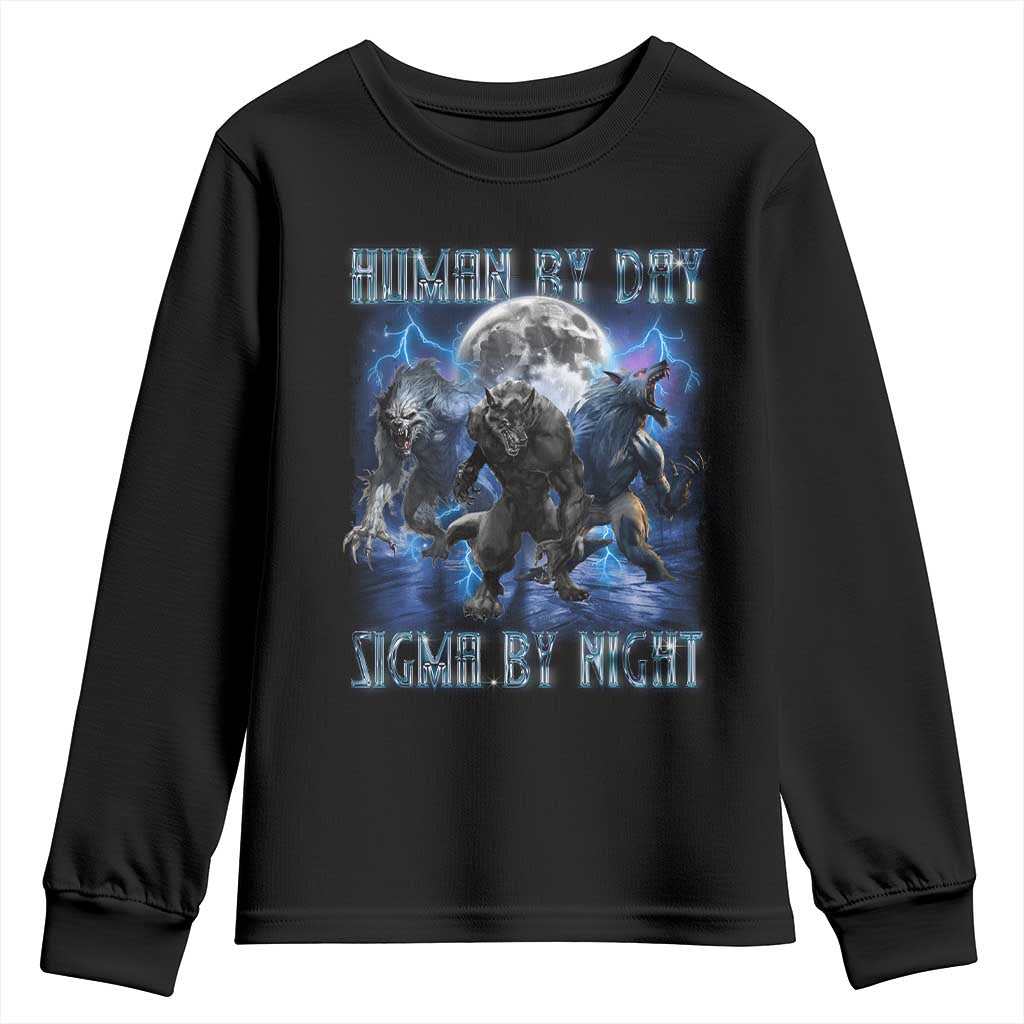 Alpha Wolf Youth Sweatshirt Human By Day Sigma By Night TS09 Black Print Your Wear