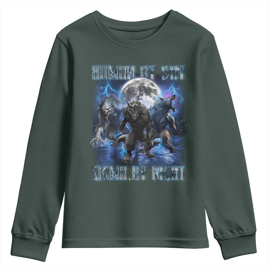 Alpha Wolf Youth Sweatshirt Human By Day Sigma By Night TS09 Dark Forest Green Print Your Wear