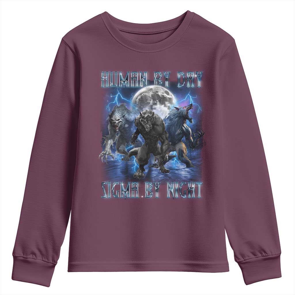 Alpha Wolf Youth Sweatshirt Human By Day Sigma By Night TS09 Maroon Print Your Wear
