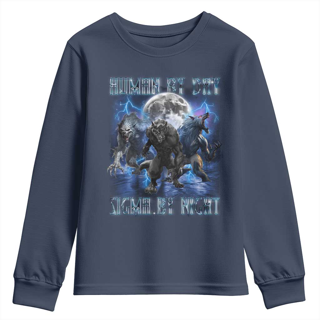 Alpha Wolf Youth Sweatshirt Human By Day Sigma By Night TS09 Navy Print Your Wear