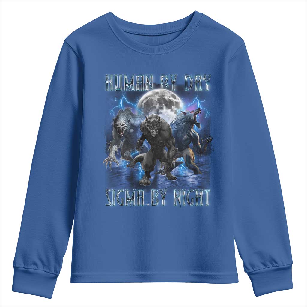 Alpha Wolf Youth Sweatshirt Human By Day Sigma By Night TS09 Royal Blue Print Your Wear