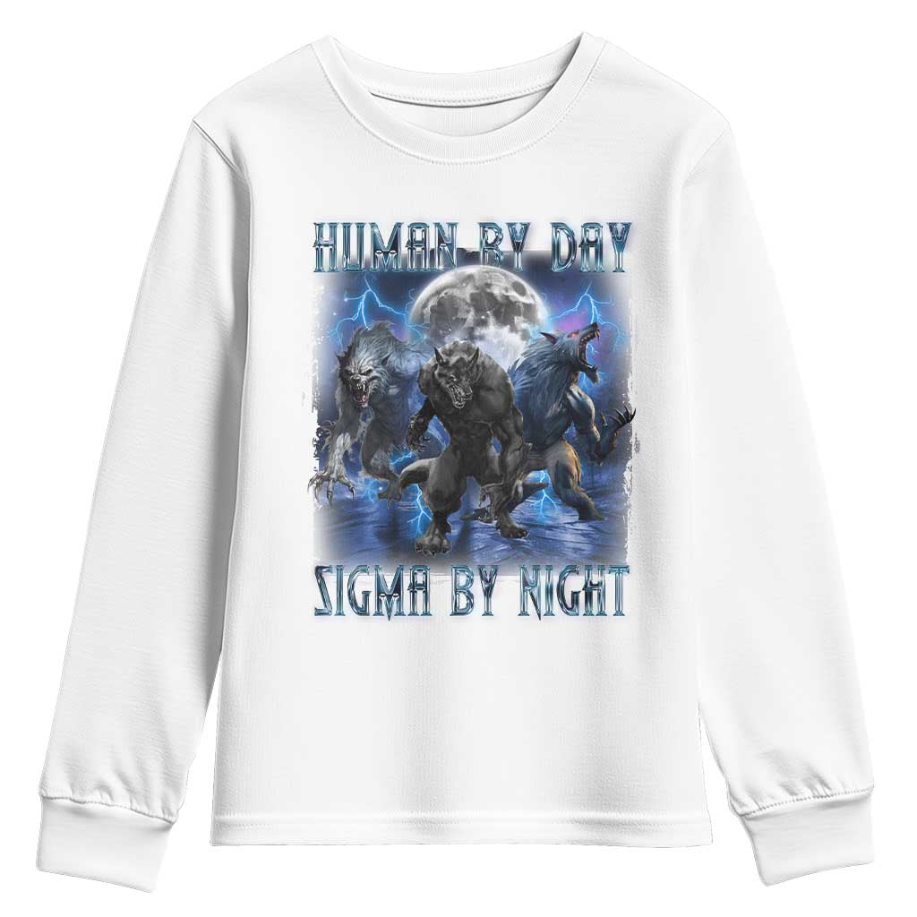 Alpha Wolf Youth Sweatshirt Human By Day Sigma By Night TS09 White Print Your Wear