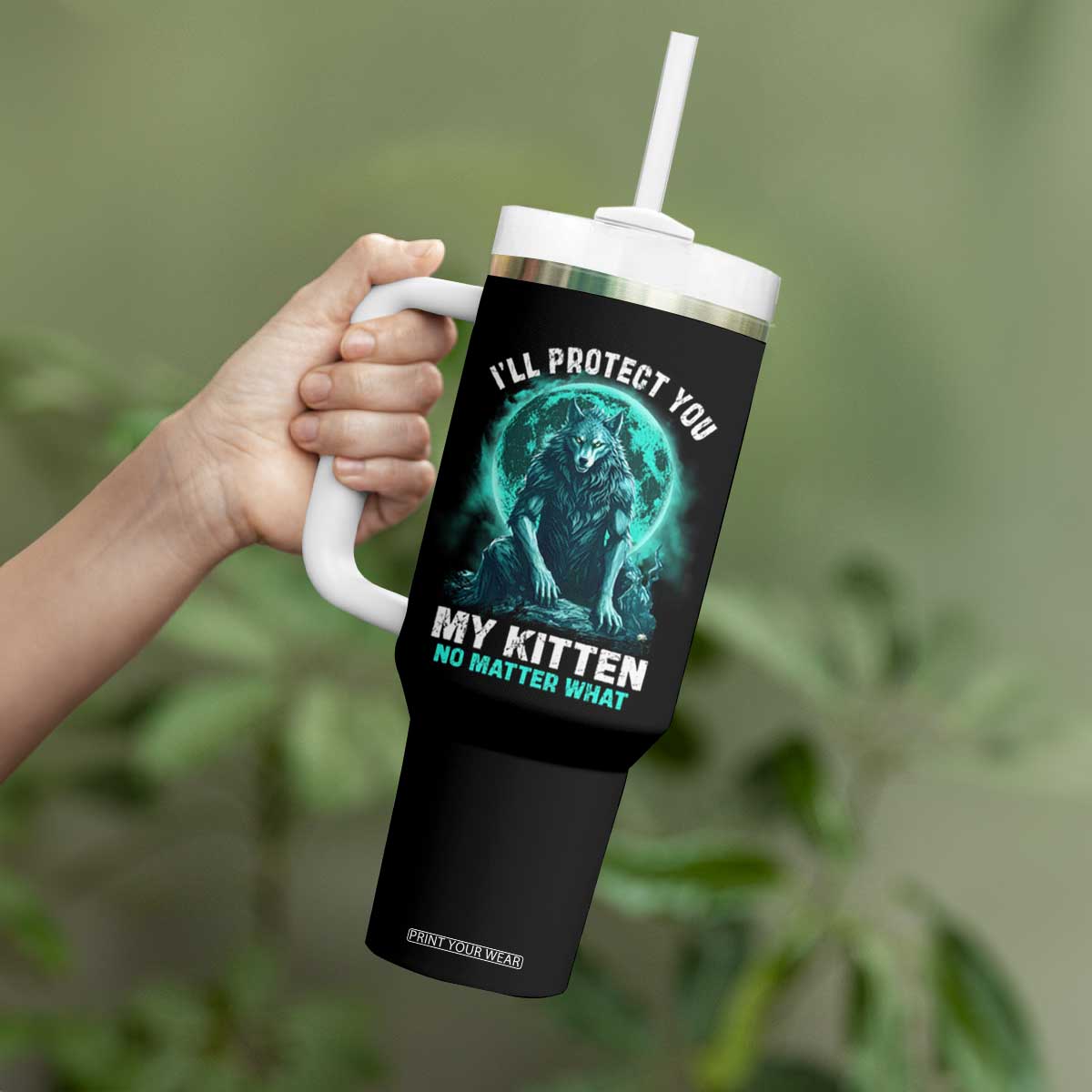 Funny Alpha Wolf Tumbler With Handle I'll Protect You Kitten No Matter What TS09 Print Your Wear