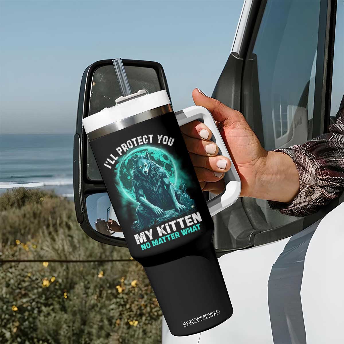 Funny Alpha Wolf Tumbler With Handle I'll Protect You Kitten No Matter What TS09 Print Your Wear