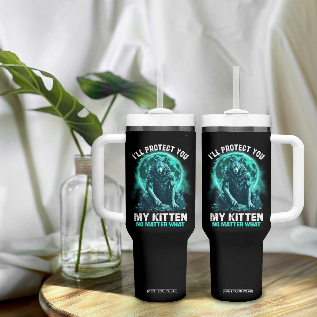 Funny Alpha Wolf Tumbler With Handle I'll Protect You Kitten No Matter What TS09 Print Your Wear