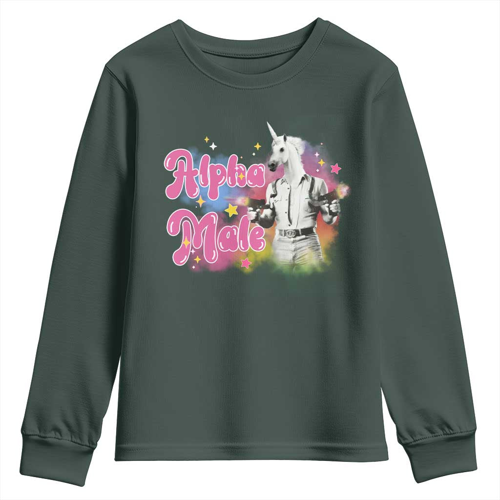 Funny Alpha Male Unicorn Youth Sweatshirt TS09 Dark Forest Green Print Your Wear