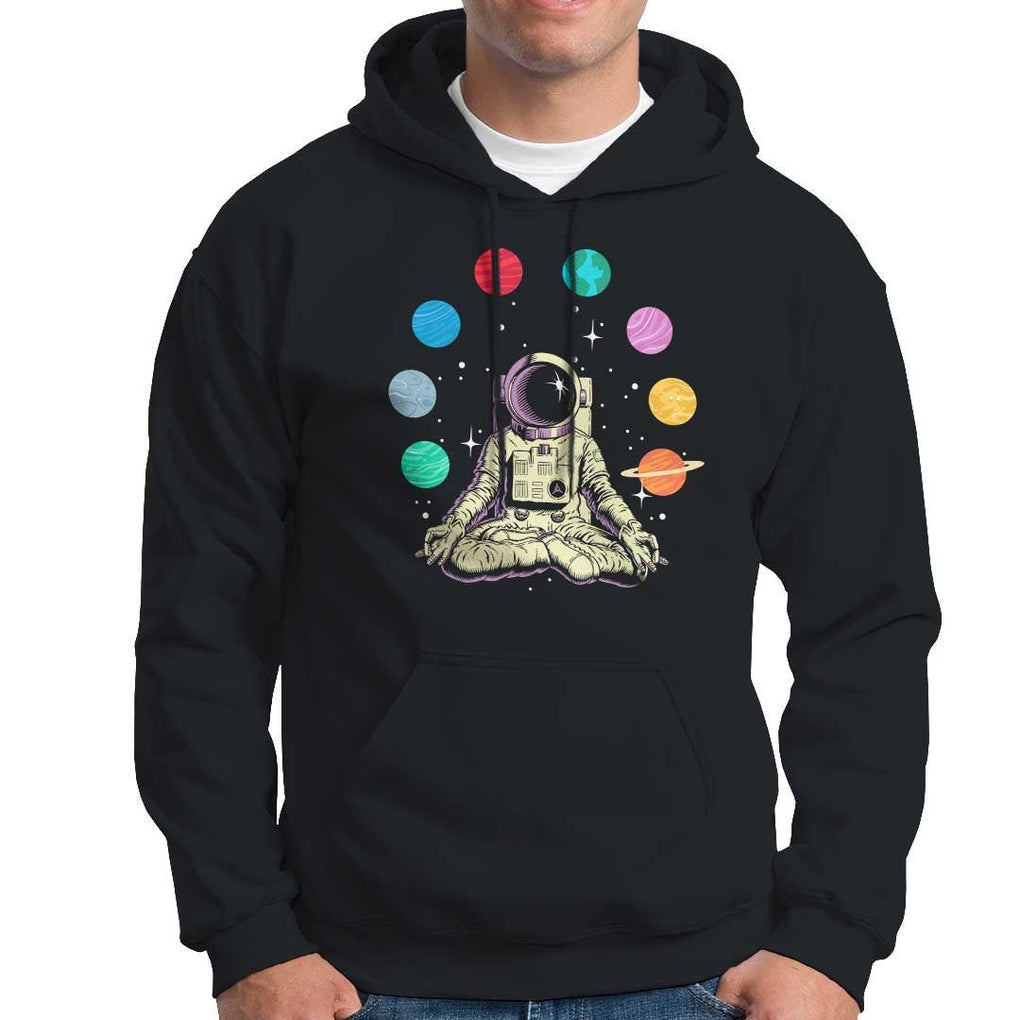 Meditating In Outer Space Hoodie Astronaut Yoga Meditation Position With Solar System Planets TS09 Black Print Your Wear
