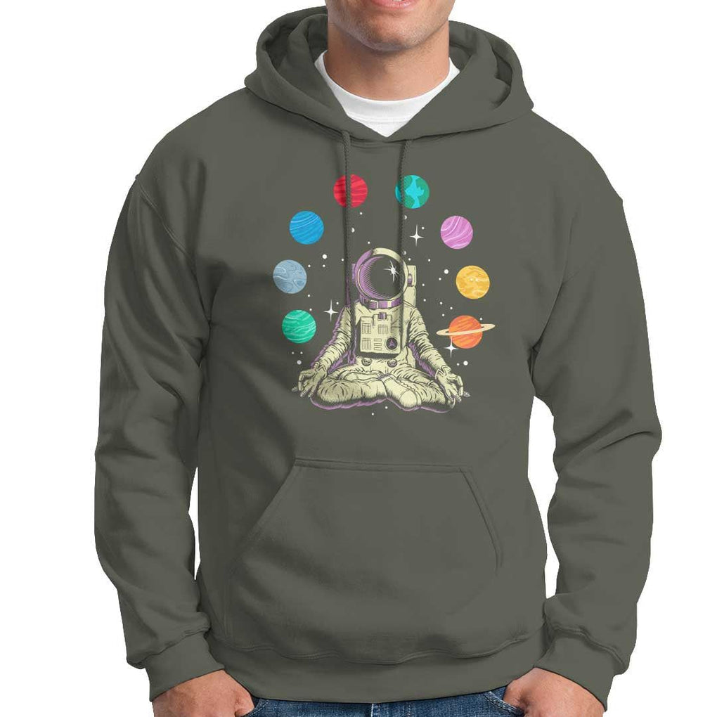 Meditating In Outer Space Hoodie Astronaut Yoga Meditation Position With Solar System Planets TS09 Military Green Print Your Wear