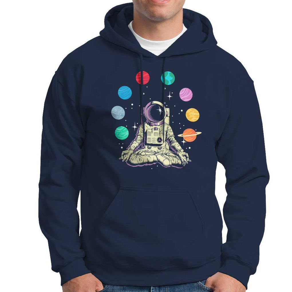 Meditating In Outer Space Hoodie Astronaut Yoga Meditation Position With Solar System Planets TS09 Navy Print Your Wear