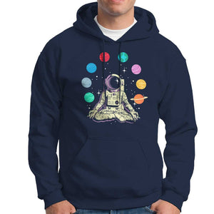 Meditating In Outer Space Hoodie Astronaut Yoga Meditation Position With Solar System Planets TS09 Navy Print Your Wear