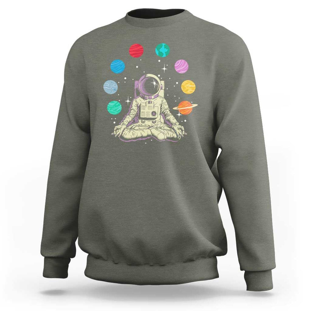 Meditating In Outer Space Sweatshirt Astronaut Yoga Meditation Position With Solar System Planets TS09 Military Green Print Your Wear