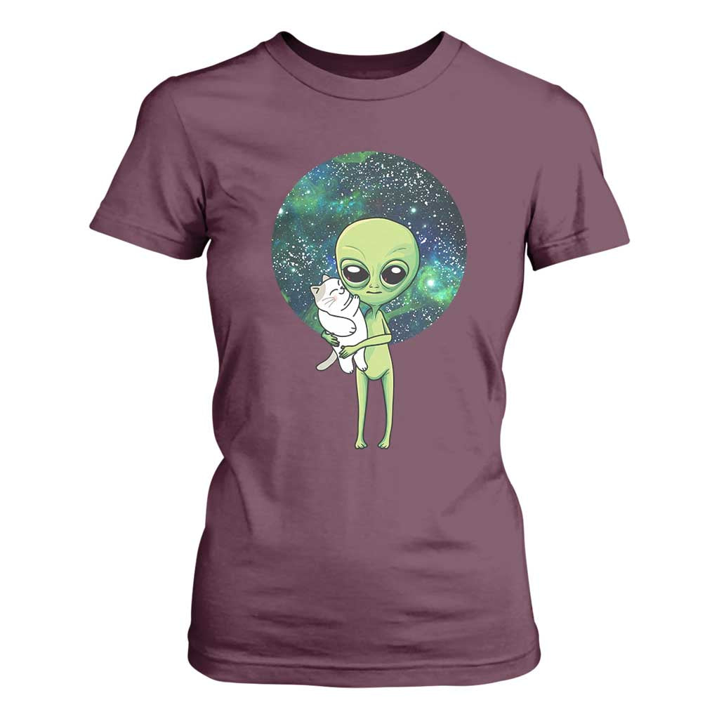 Cute Alien Hugs Cat T Shirt For Women TS09 Maroon Print Your Wear