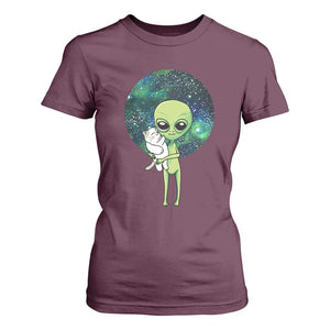 Cute Alien Hugs Cat T Shirt For Women TS09 Maroon Print Your Wear
