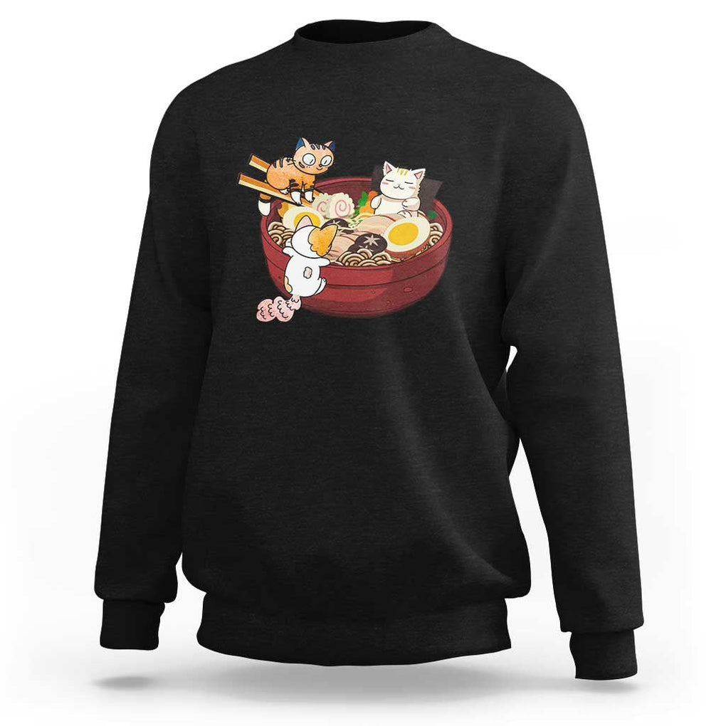 Cat With Ramen Sweatshirt Cute Cats Eat Ramen Japanese Noodle TS09 Black Print Your Wear