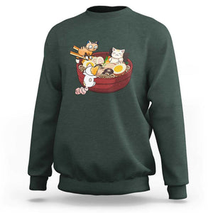 Cat With Ramen Sweatshirt Cute Cats Eat Ramen Japanese Noodle TS09 Dark Forest Green Print Your Wear