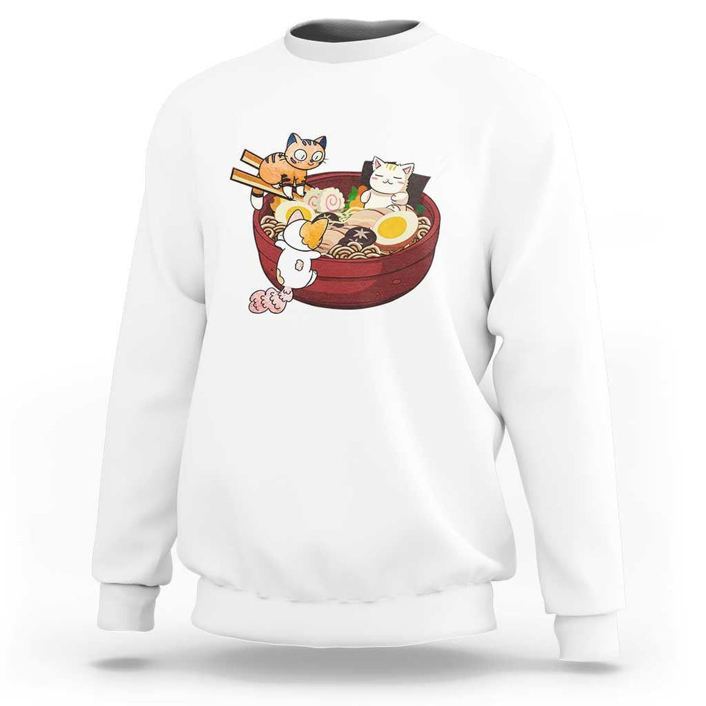 Cat With Ramen Sweatshirt Cute Cats Eat Ramen Japanese Noodle TS09 White Print Your Wear
