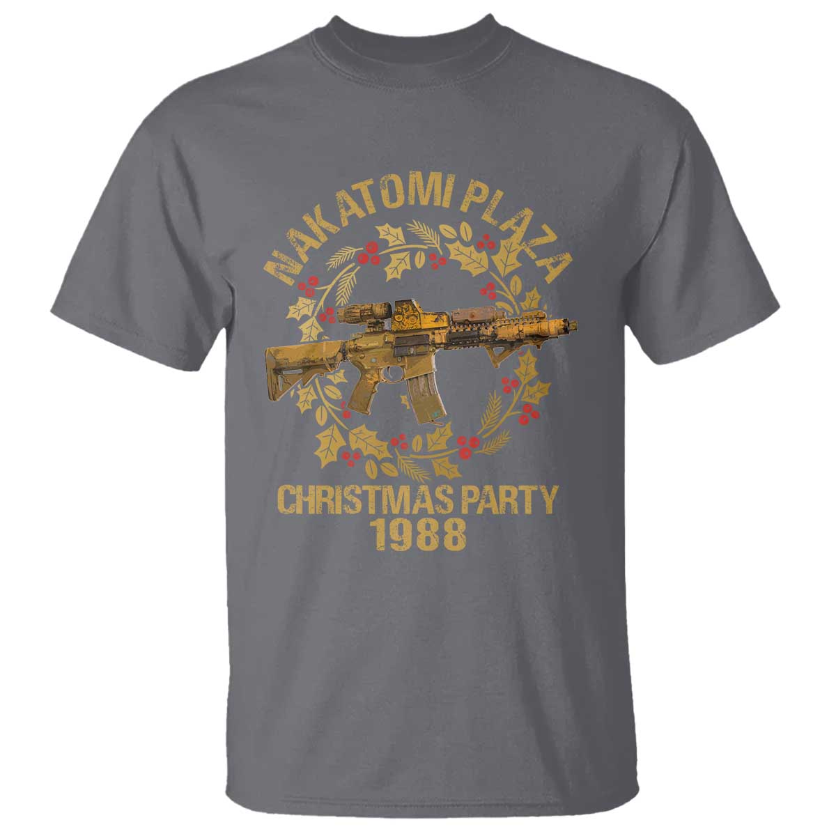 Nakatomi Plaza Christmas Party T Shirt American Patriotic Gold Holly Wreath Machine Gun TS09 Charcoal Print Your Wear