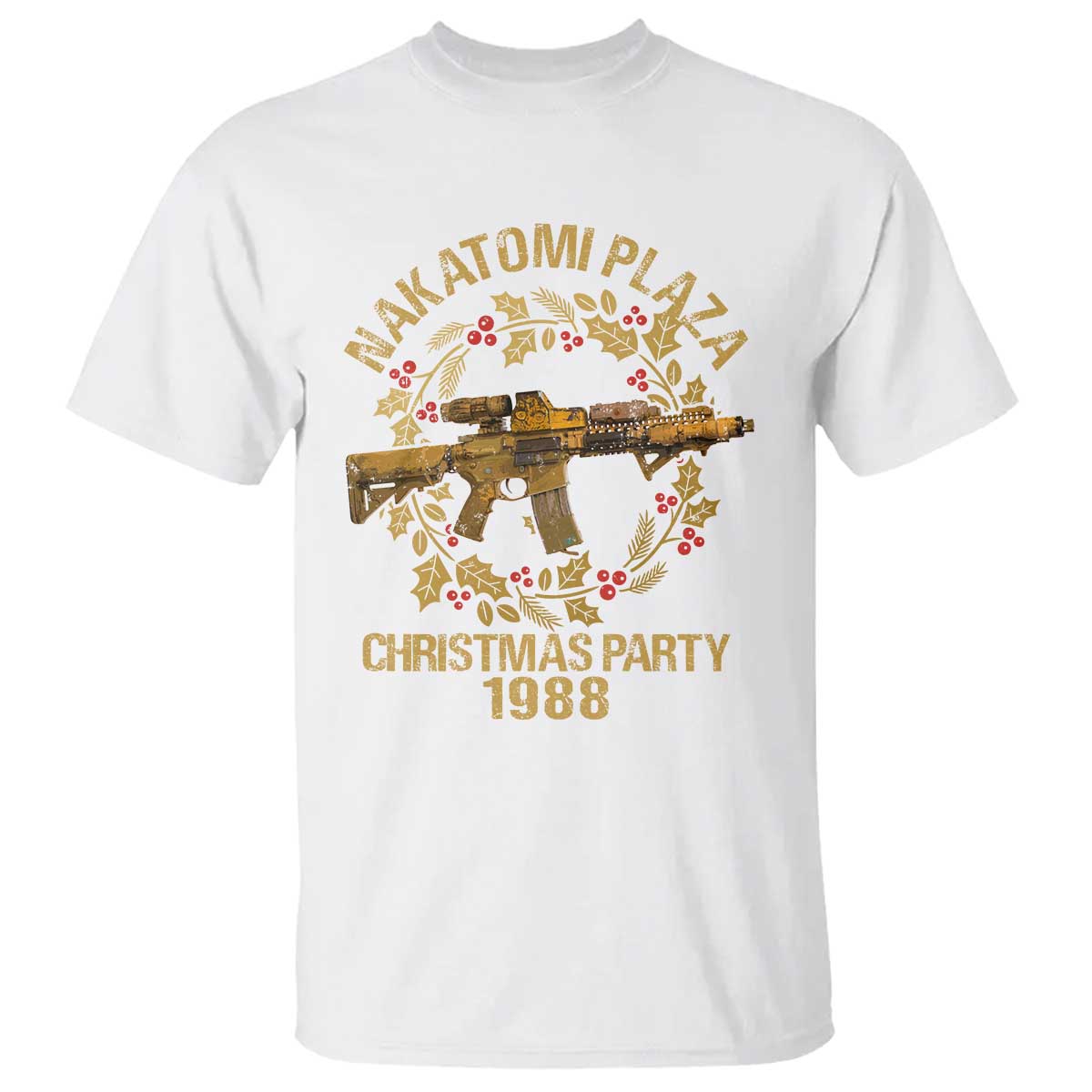 Nakatomi Plaza Christmas Party T Shirt American Patriotic Gold Holly Wreath Machine Gun TS09 White Print Your Wear