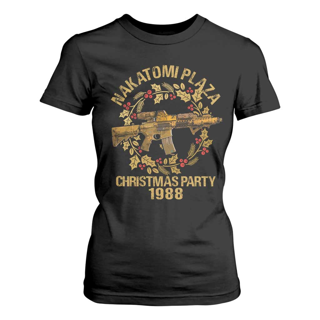 Nakatomi Plaza Christmas Party T Shirt For Women American Patriotic Gold Holly Wreath Machine Gun TS09 Black Print Your Wear